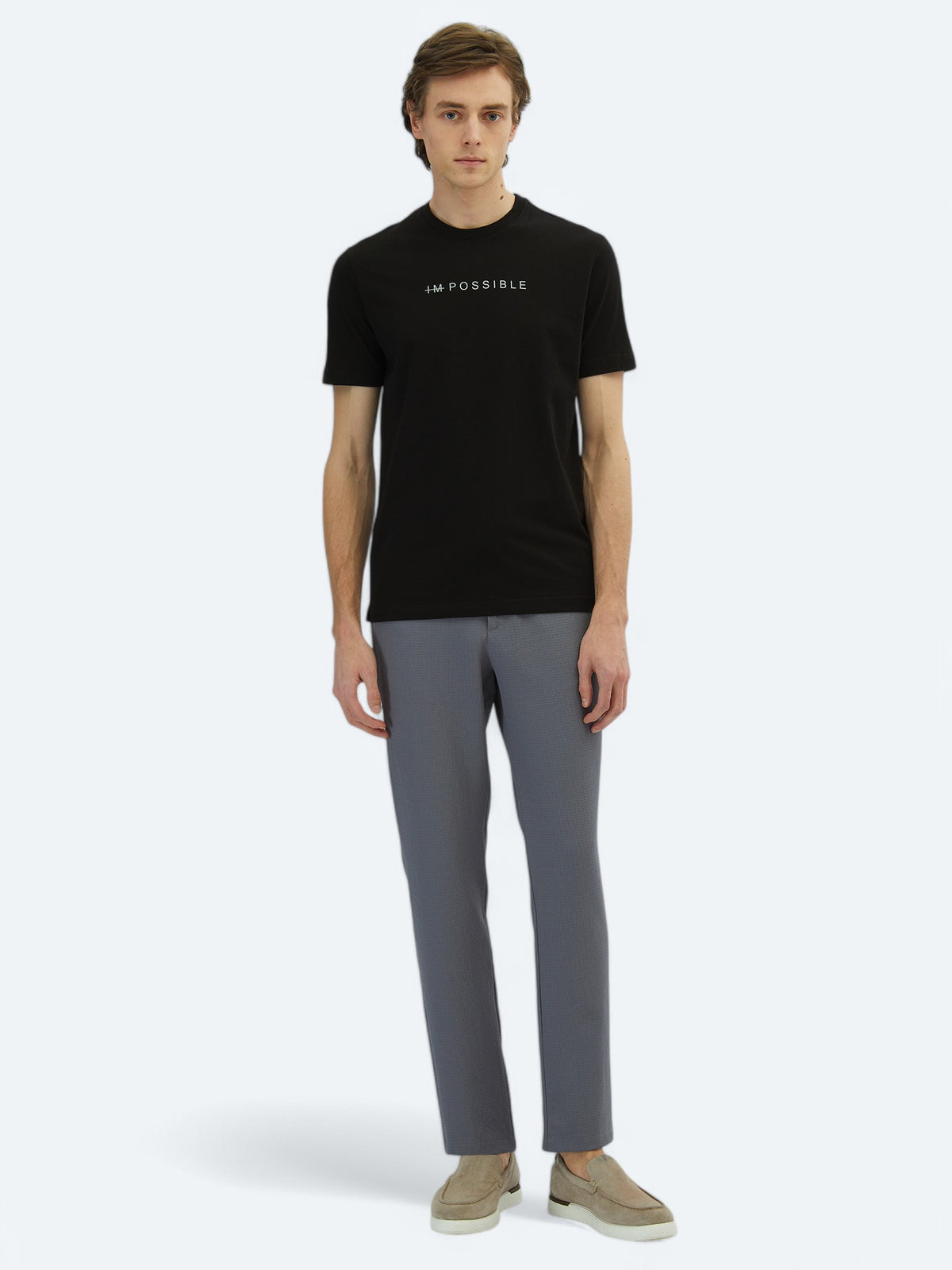 Siyah Baskılı Bisiklet Yaka %100 Pamuk T-Shirt