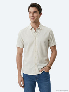 Bej Desenli Regular Fit Kısa Casual Gömlek
