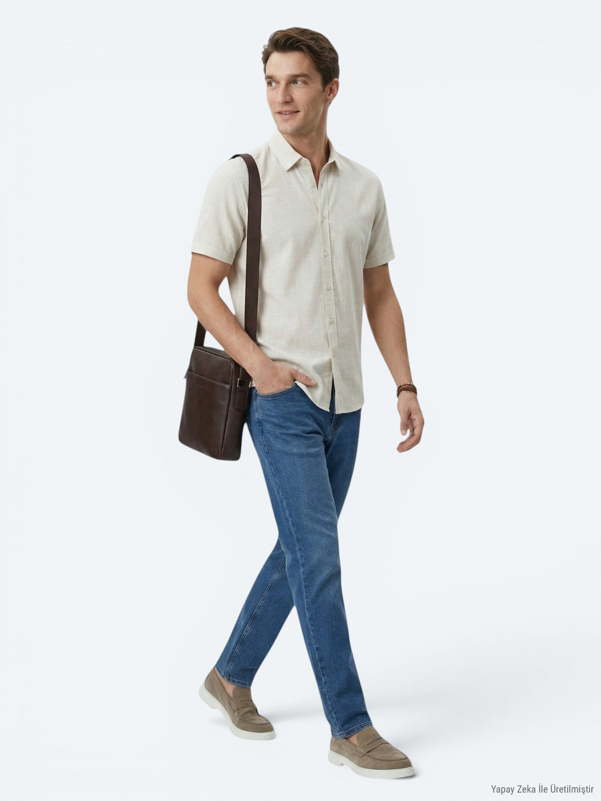 Bej Desenli Regular Fit Kısa Casual Gömlek