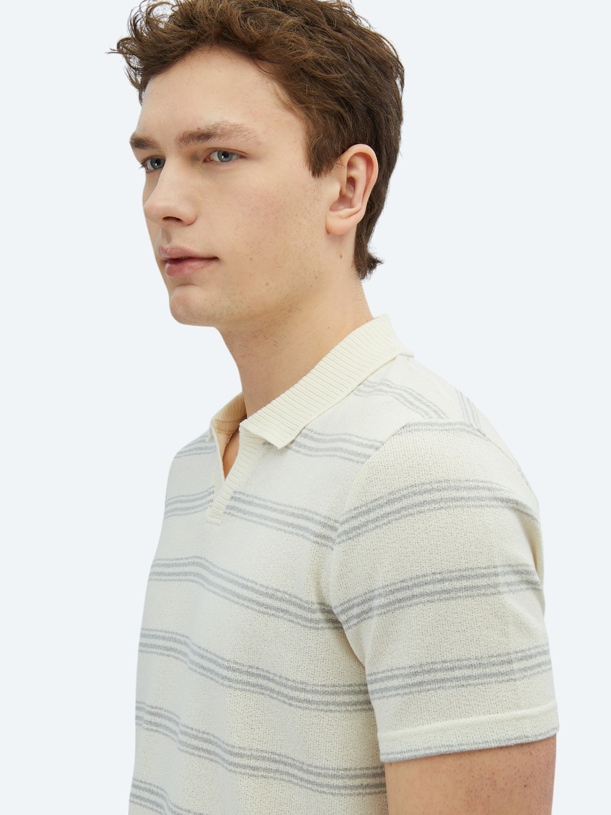 Gri Çizgili Polo Yaka Pamuk Karışımlı T-Shirt