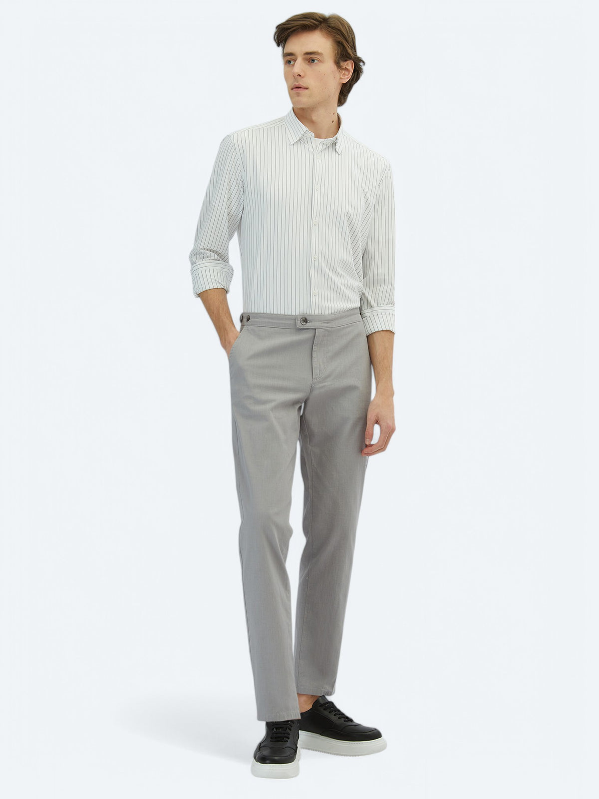 Gri Dokuma Fitted Fit Smart Casual Pamuk Karışımlı Pantolon
