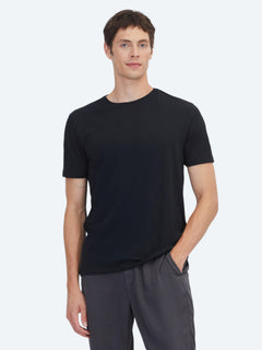 Siyah Düz Bisiklet Yaka Pamuk Karışımlı T-Shirt