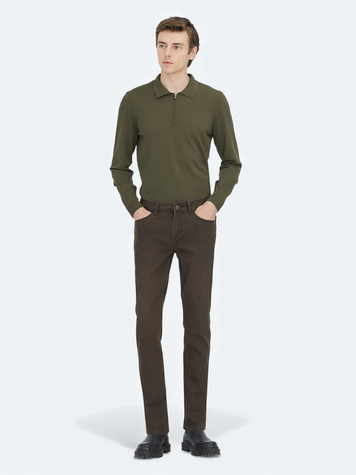 Kahverengi Slim Fit Denim Pamuk Karışımlı Pantolon