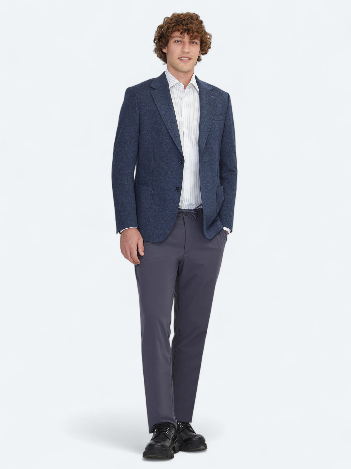 Mavi Çizgili Modern Fit Örme Ceket