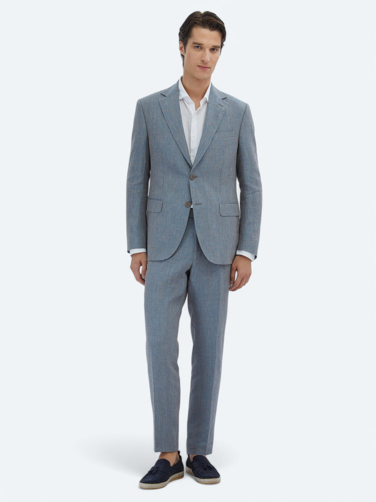 Koyu Mavi Çizgili Modern Fit %100 Keten Takım Elbise