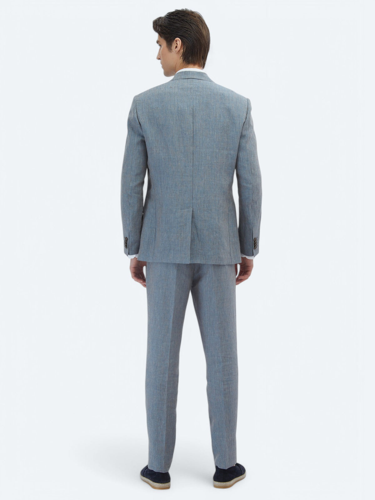 Koyu Mavi Çizgili Modern Fit %100 Keten Takım Elbise