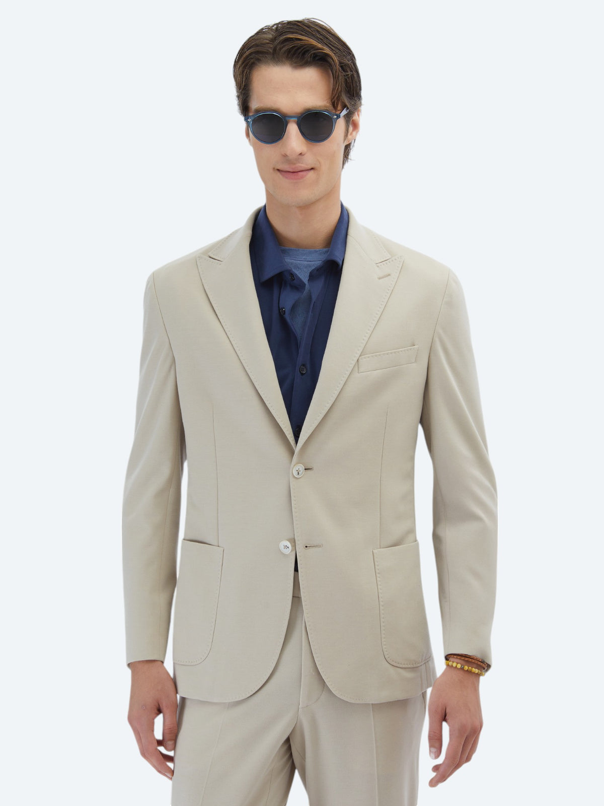 Bej Düz Modern Fit %100 Pamuk Örme Takım Elbise