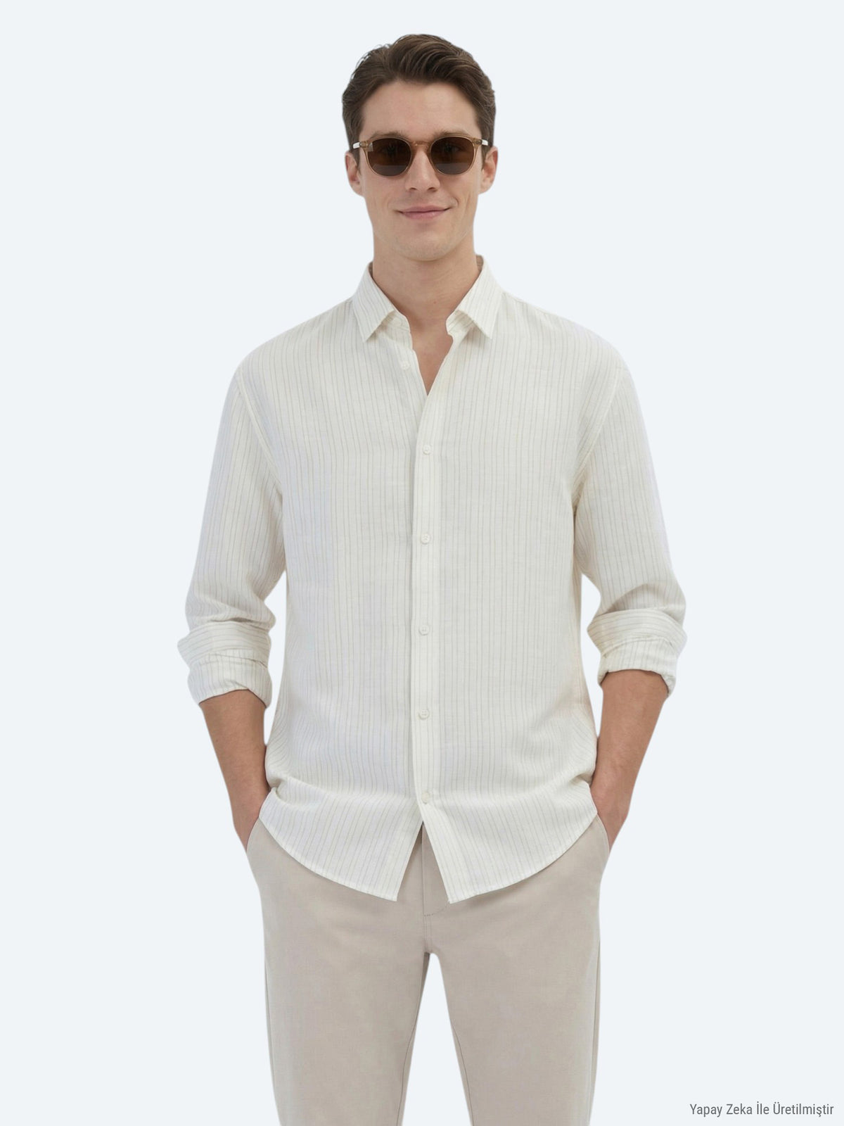 Safran Çizgili Oversize Fit Uzun Dokuma Casual Gömlek