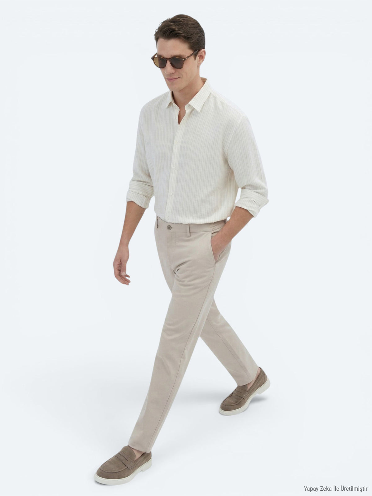 Safran Çizgili Oversize Fit Uzun Dokuma Casual Gömlek