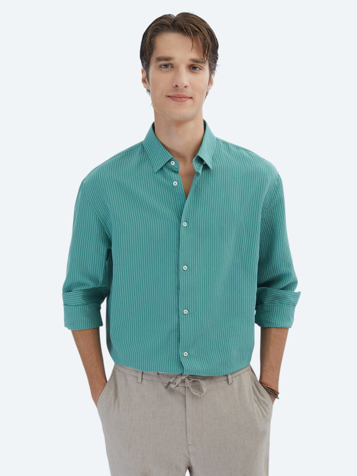 Nil Yeşili Oversize Fit Uzun Dokuma Casual Gömlek