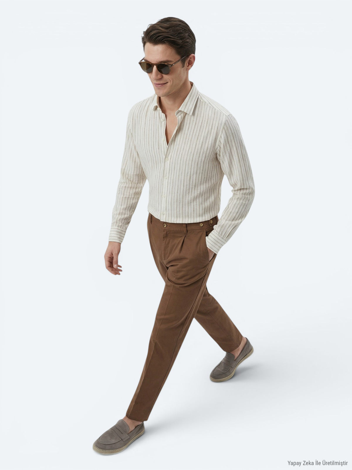 Bej Baskılı Regular Fit Uzun Dokuma Casual Gömlek