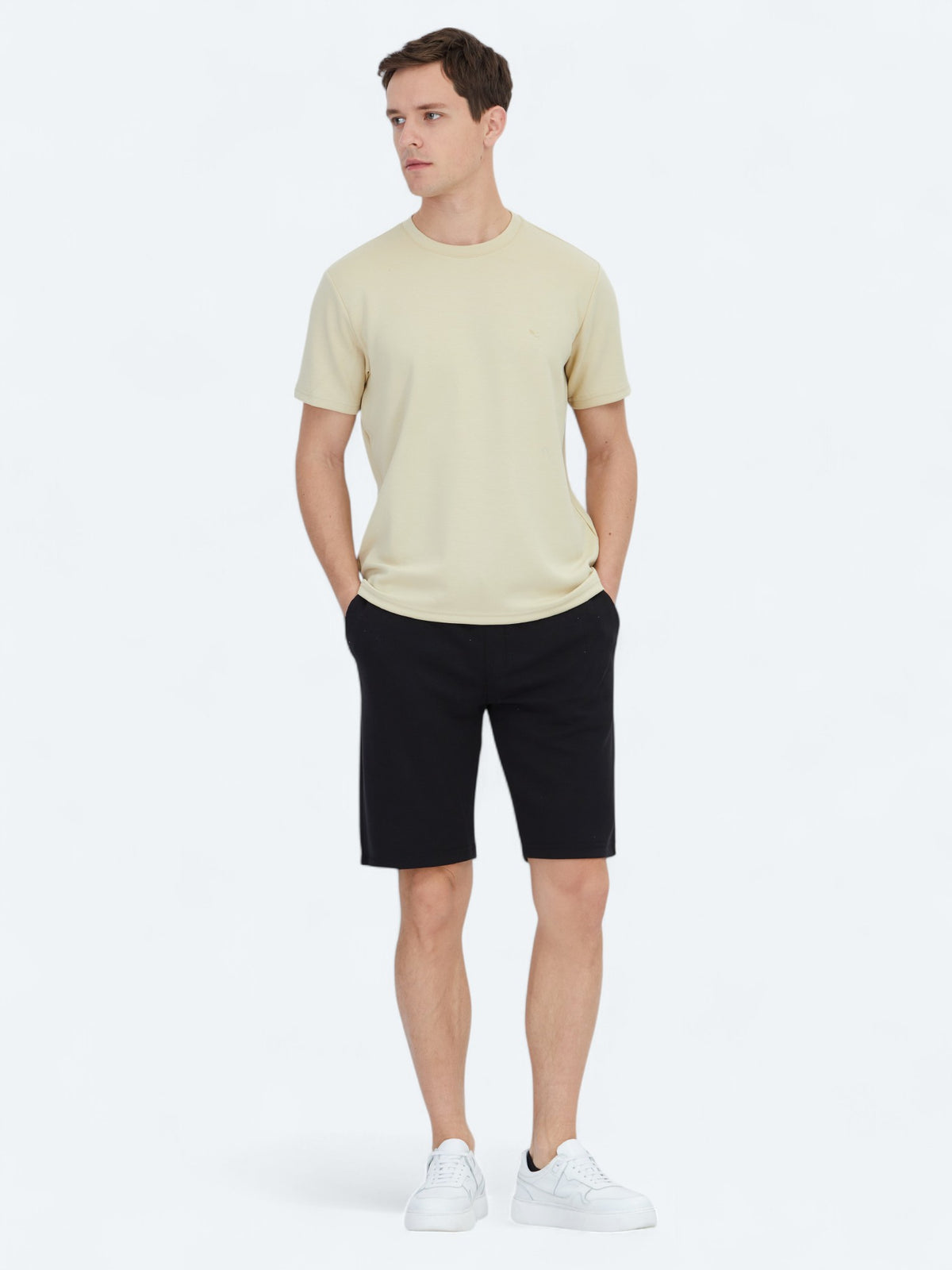 Açık Sarı Düz Bisiklet Yaka T-Shirt