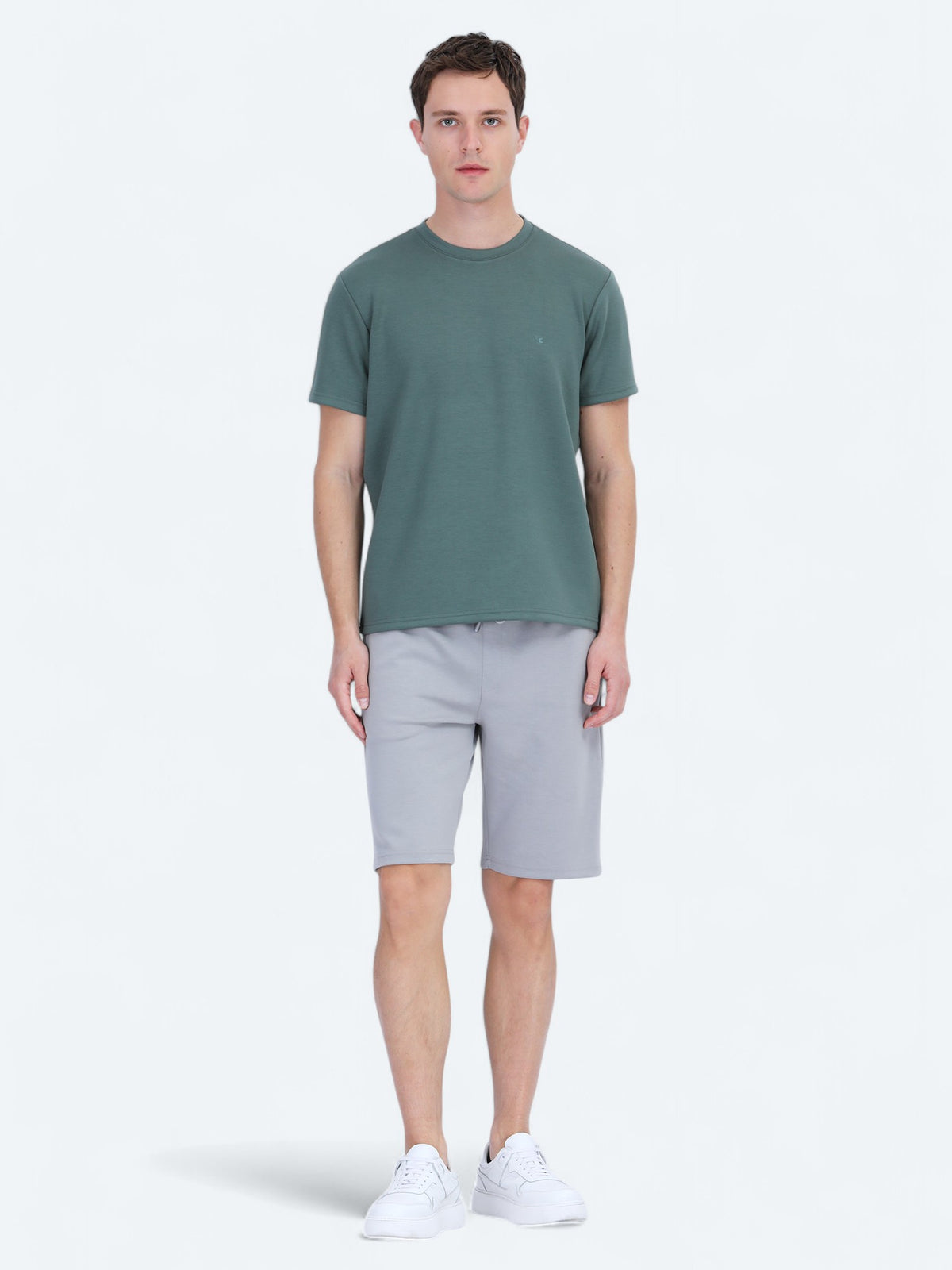 Yeşil Düz Bisiklet Yaka T-Shirt