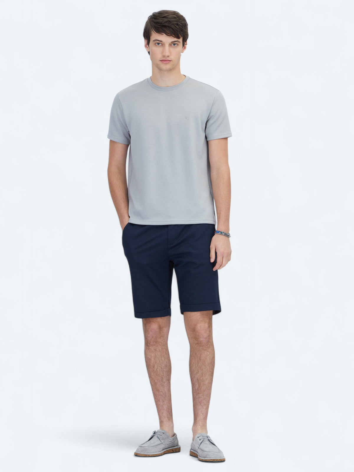 Gri Düz Bisiklet Yaka T-Shirt