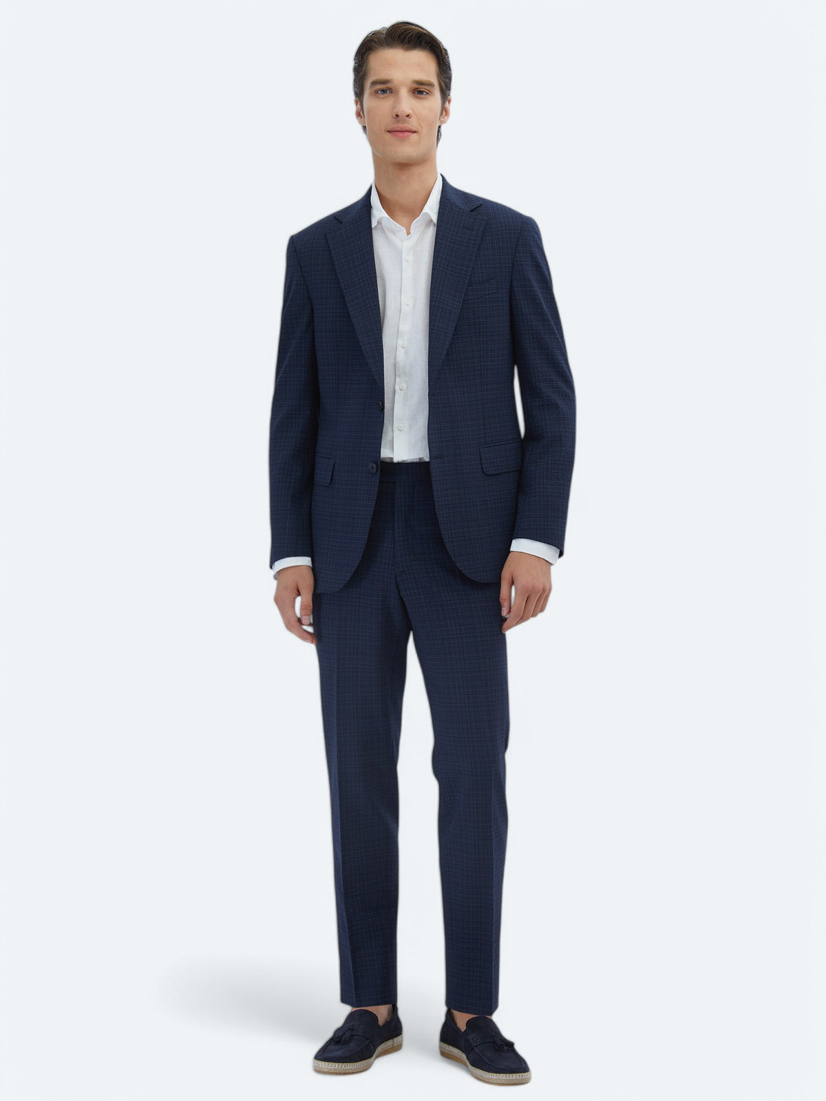 Lacivert Kareli Modern Fit Yün Karışımlı Takım Elbise