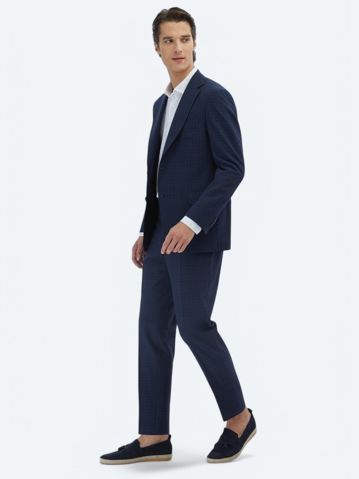 Lacivert Kareli Modern Fit Yün Karışımlı Takım Elbise