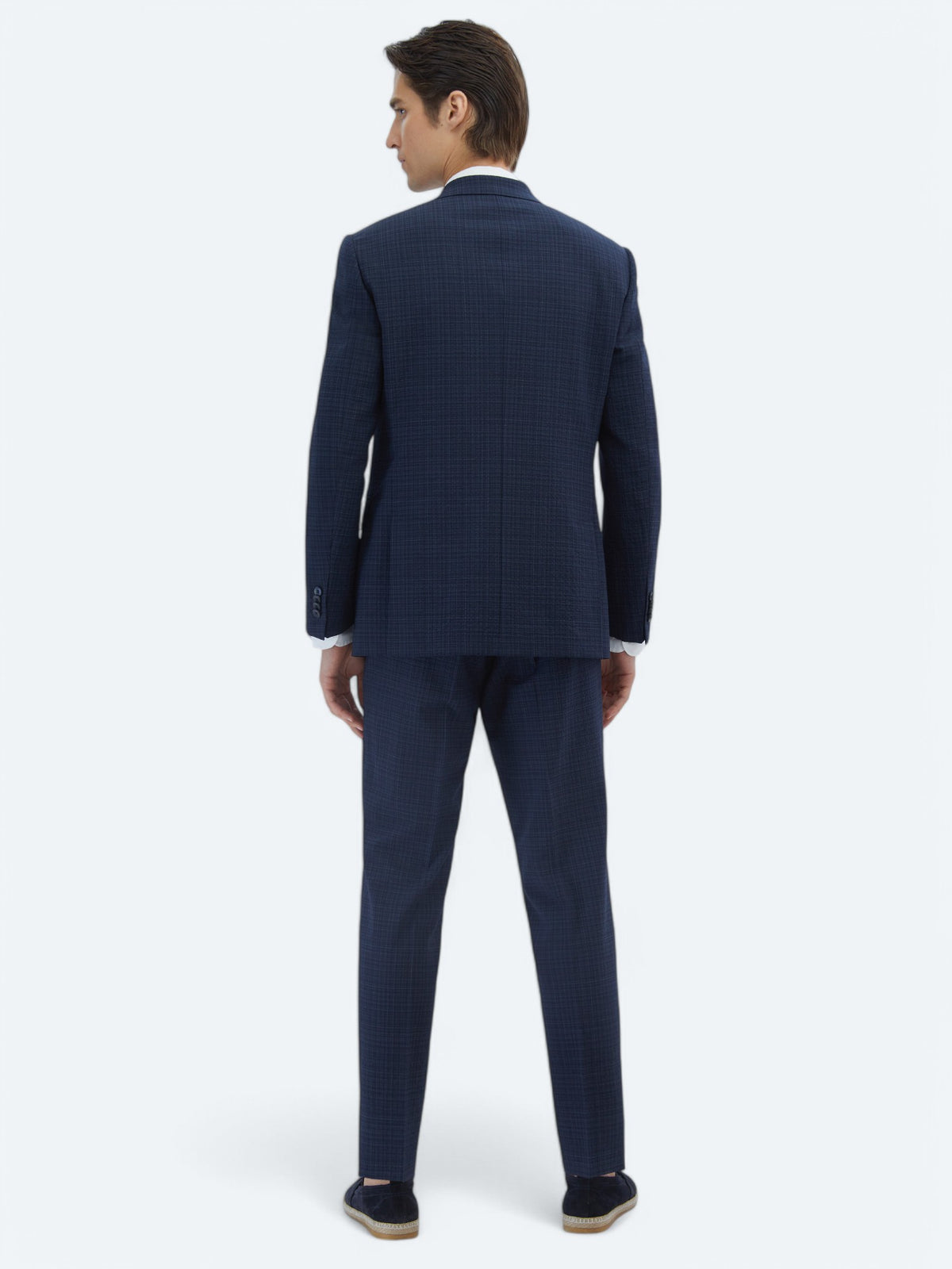 Lacivert Kareli Modern Fit Yün Karışımlı Takım Elbise