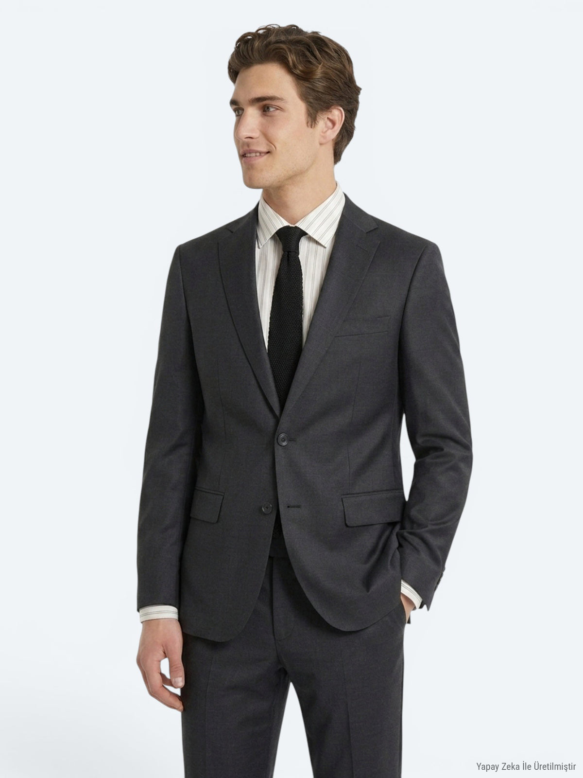 Antrasit Düz Slim Fit Yün Karışımlı Takım Elbise
