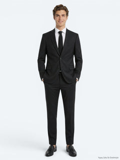 Siyah Düz Slim Fit Yün Karışımlı Takım Elbise