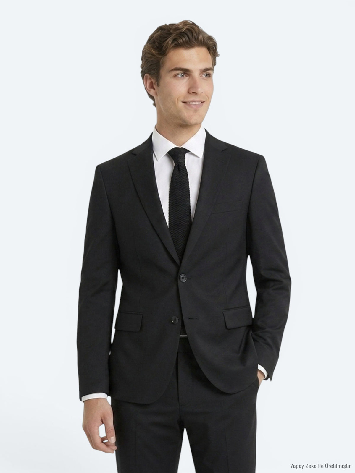 Siyah Düz Slim Fit Yün Karışımlı Takım Elbise