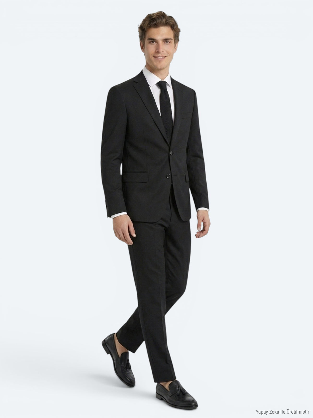 Siyah Düz Slim Fit Yün Karışımlı Takım Elbise