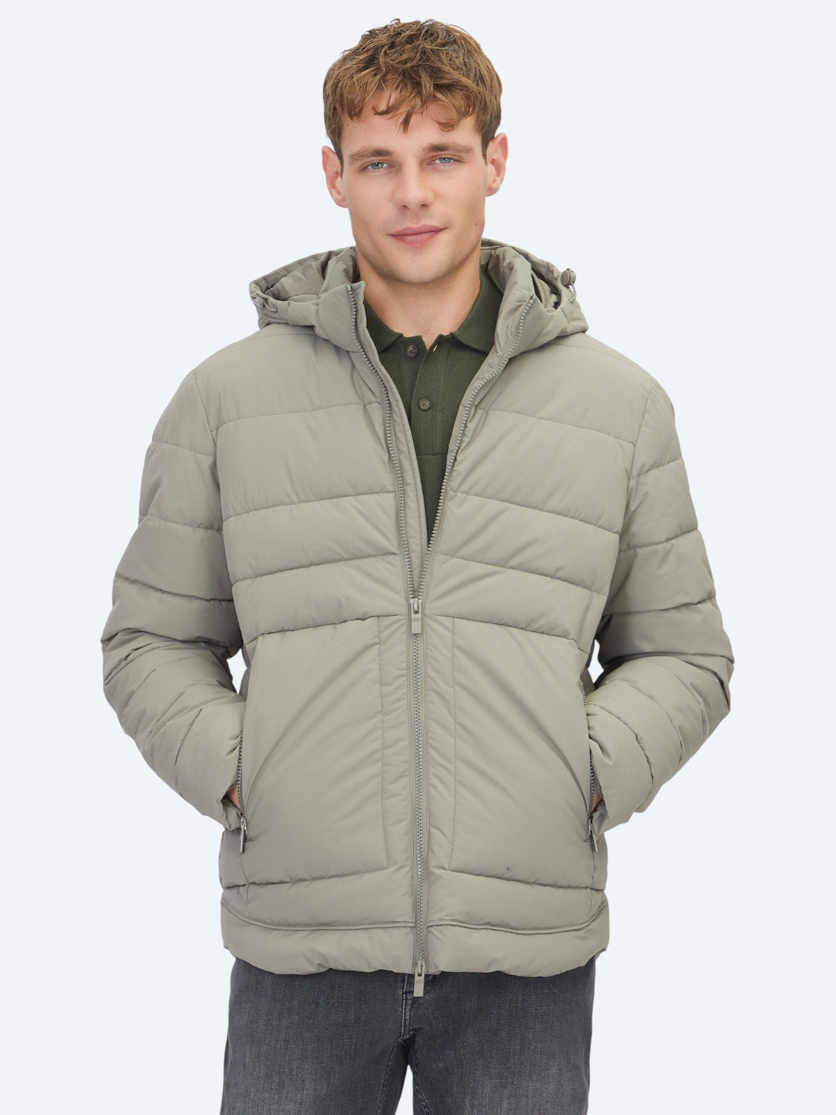 Haki Regular Fit Kapüşonlu Casual Dokuma Mont