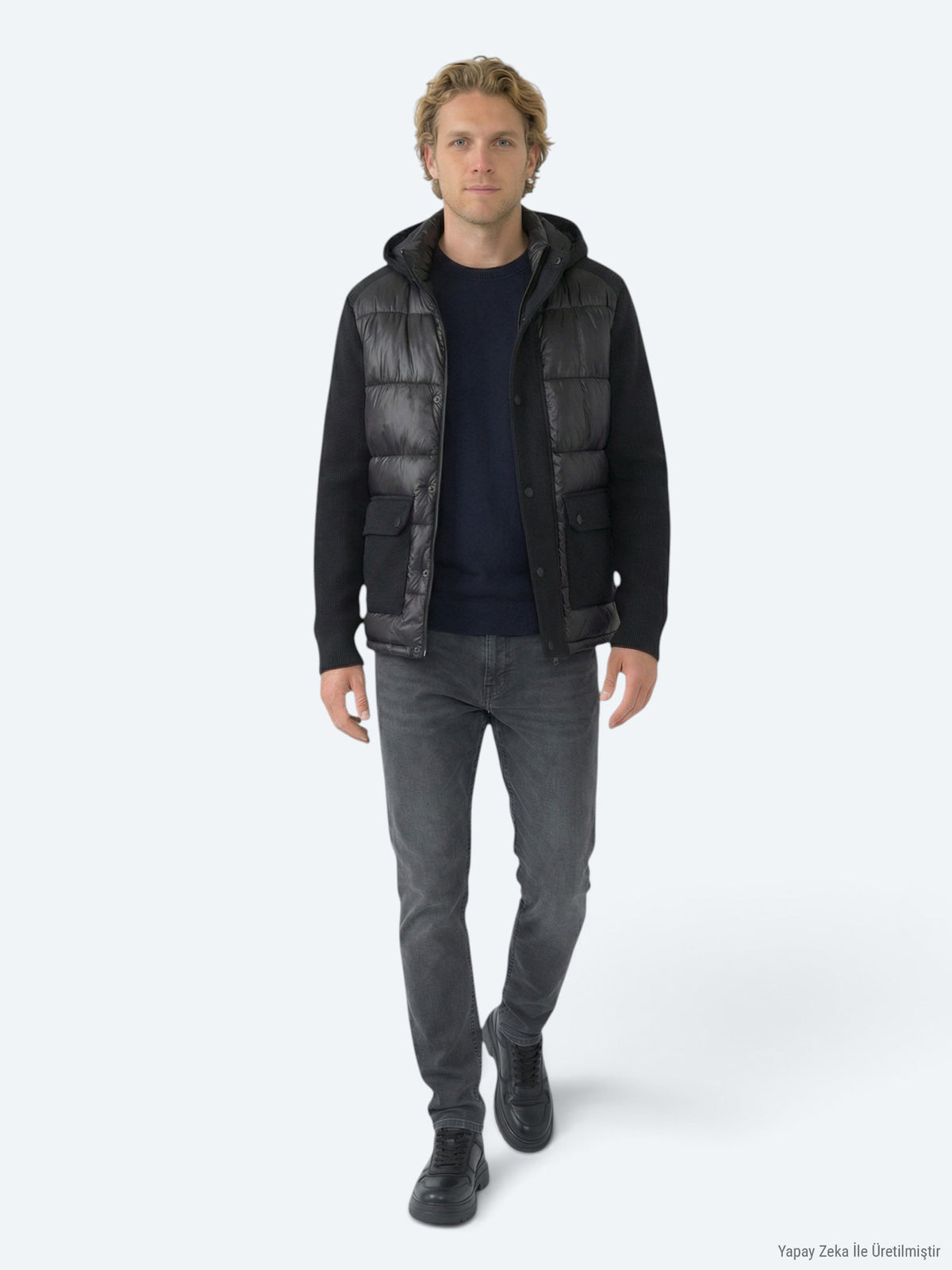 Siyah Regular Fit Kapüşonlu Casual Dokuma Mont