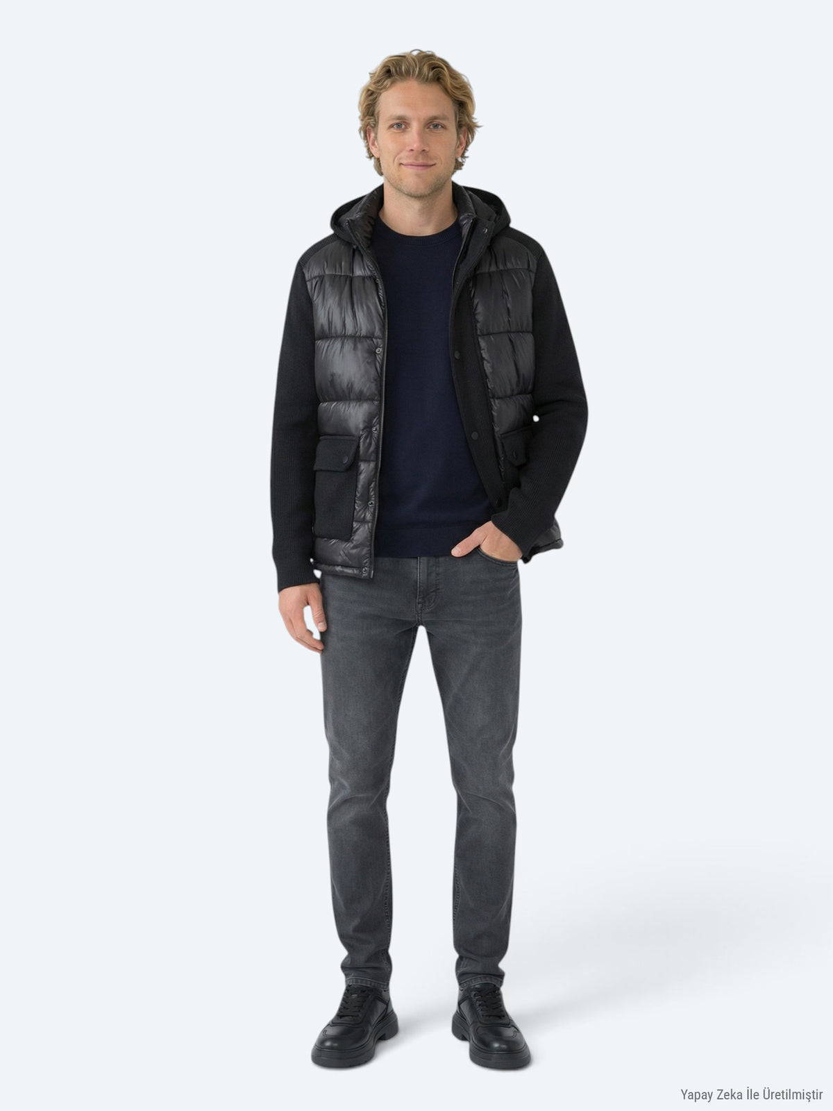 Siyah Regular Fit Kapüşonlu Casual Dokuma Mont