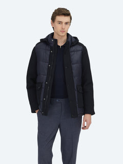 Lacivert Regular Fit Kapüşonlu Casual Dokuma Mont