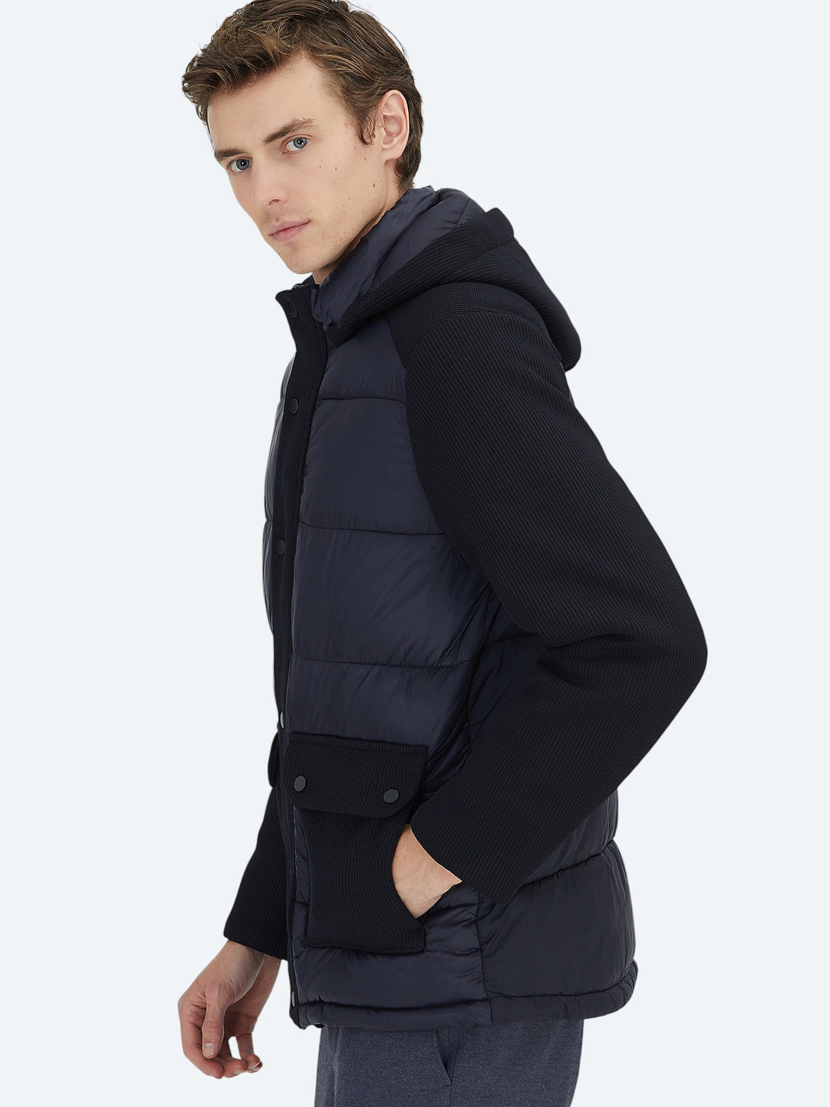 Lacivert Regular Fit Kapüşonlu Casual Dokuma Mont