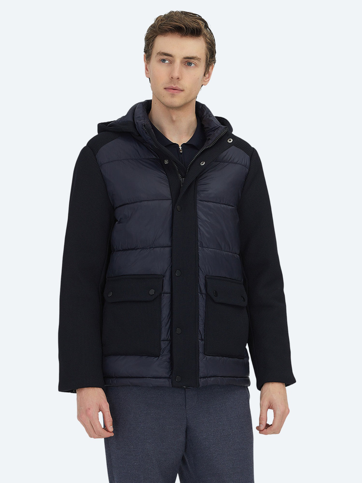 Lacivert Regular Fit Kapüşonlu Casual Dokuma Mont
