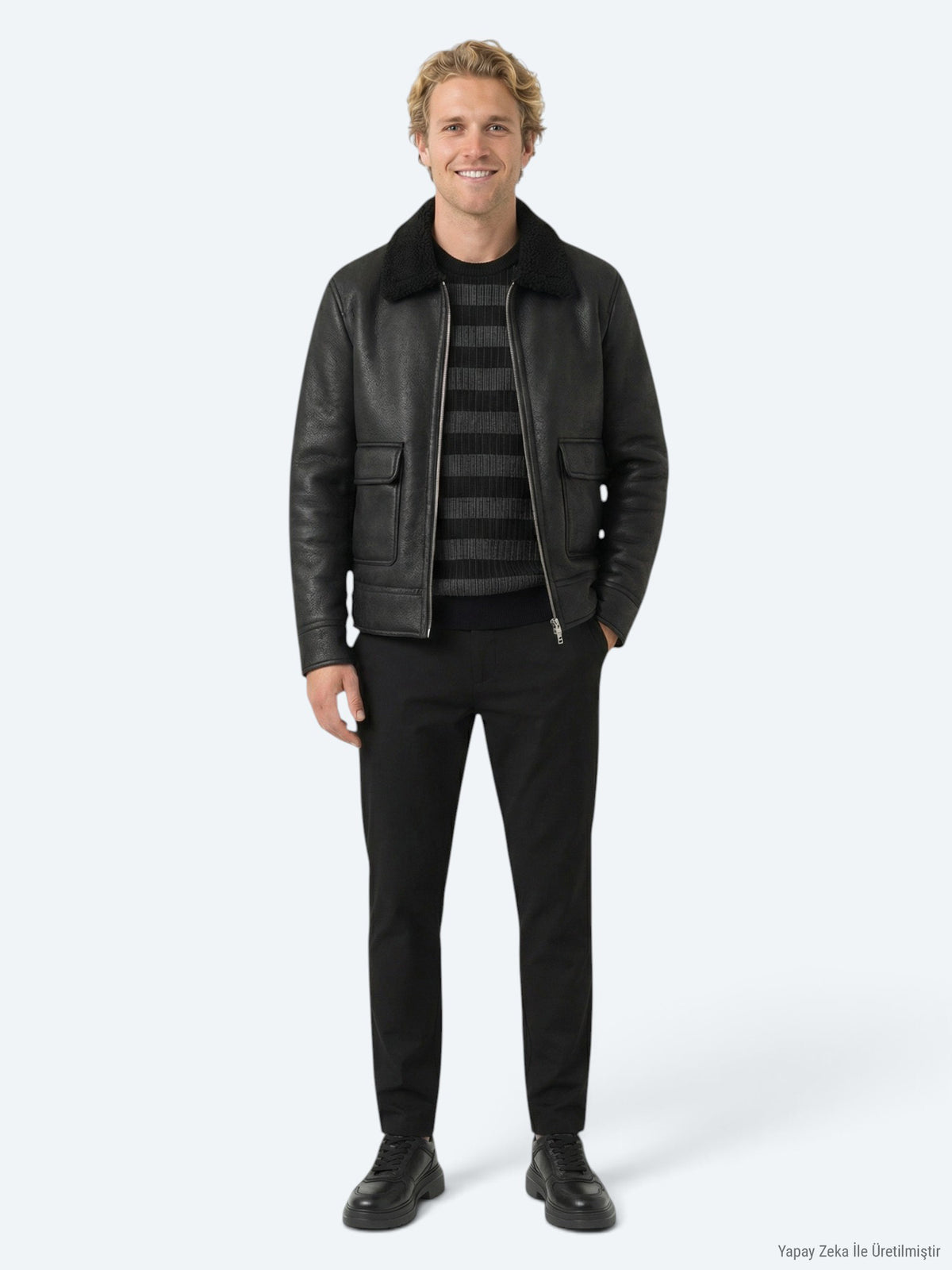 Siyah Regular Fit Gömlek Yaka Casual Dokuma Mont