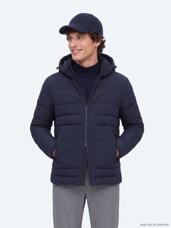Lacivert Regular Fit Kapüşonlu Dokuma Mont