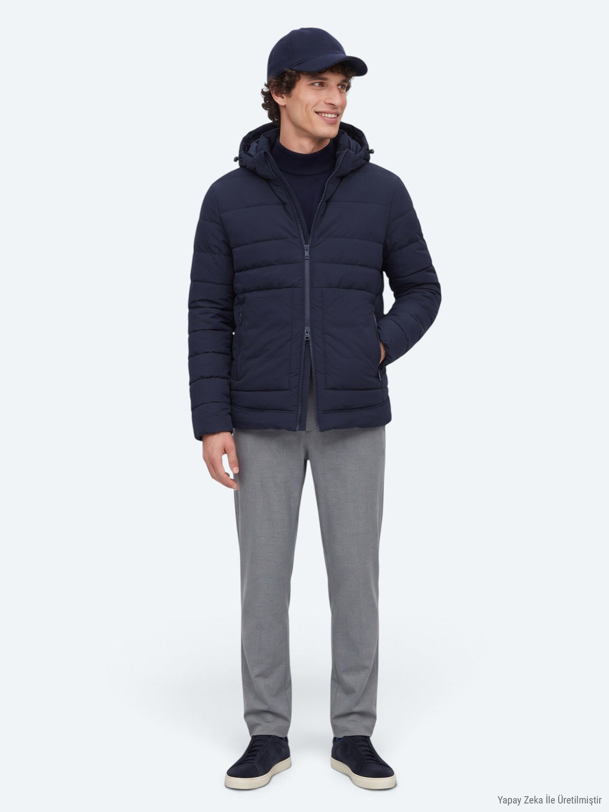Lacivert Regular Fit Kapüşonlu Dokuma Mont