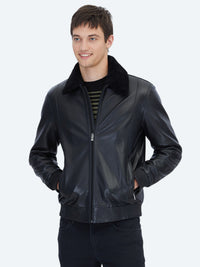Siyah Regular Fit Gömlek Yaka Casual Koyun Derisi Deri Mont