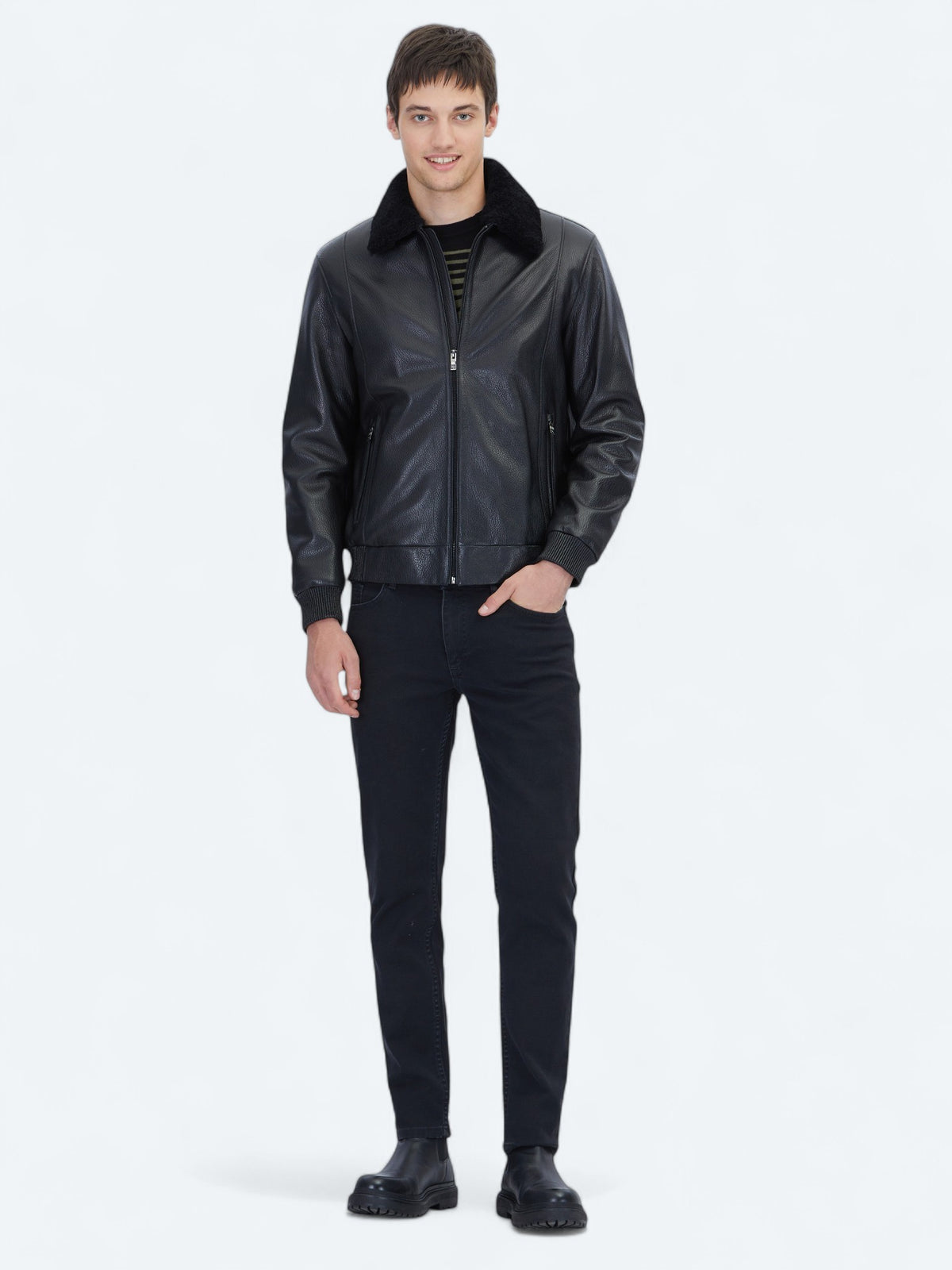 Siyah Regular Fit Gömlek Yaka Casual Koyun Derisi Deri Mont