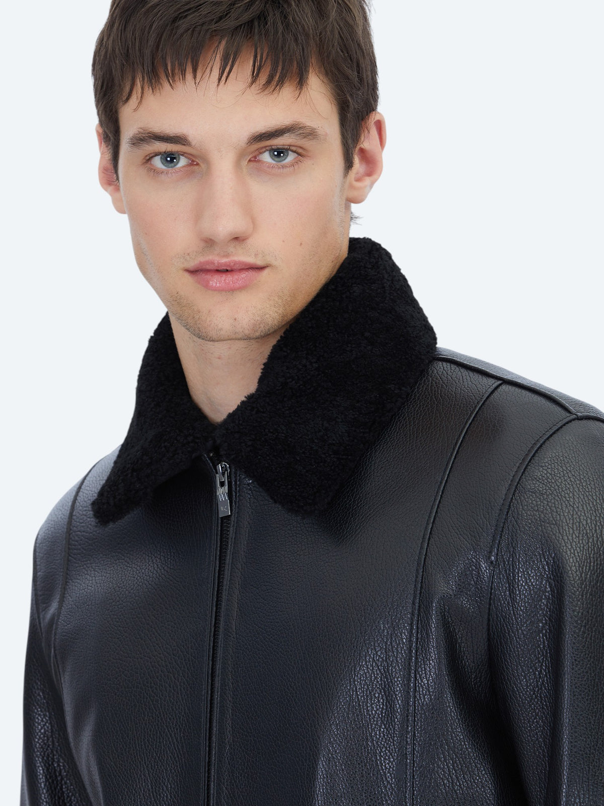 Siyah Regular Fit Gömlek Yaka Casual Koyun Derisi Deri Mont