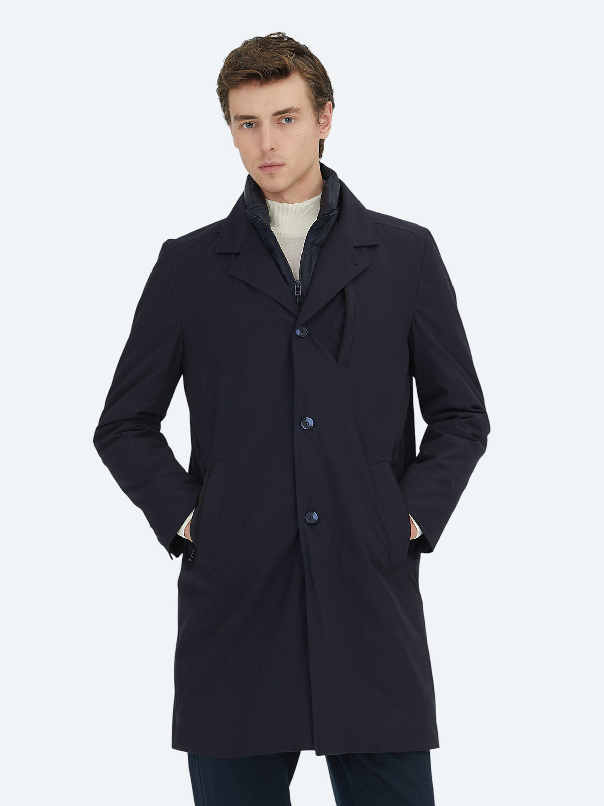 Lacivert Regular Fit Kruvaze Yaka Casual Dokuma Pardösü
