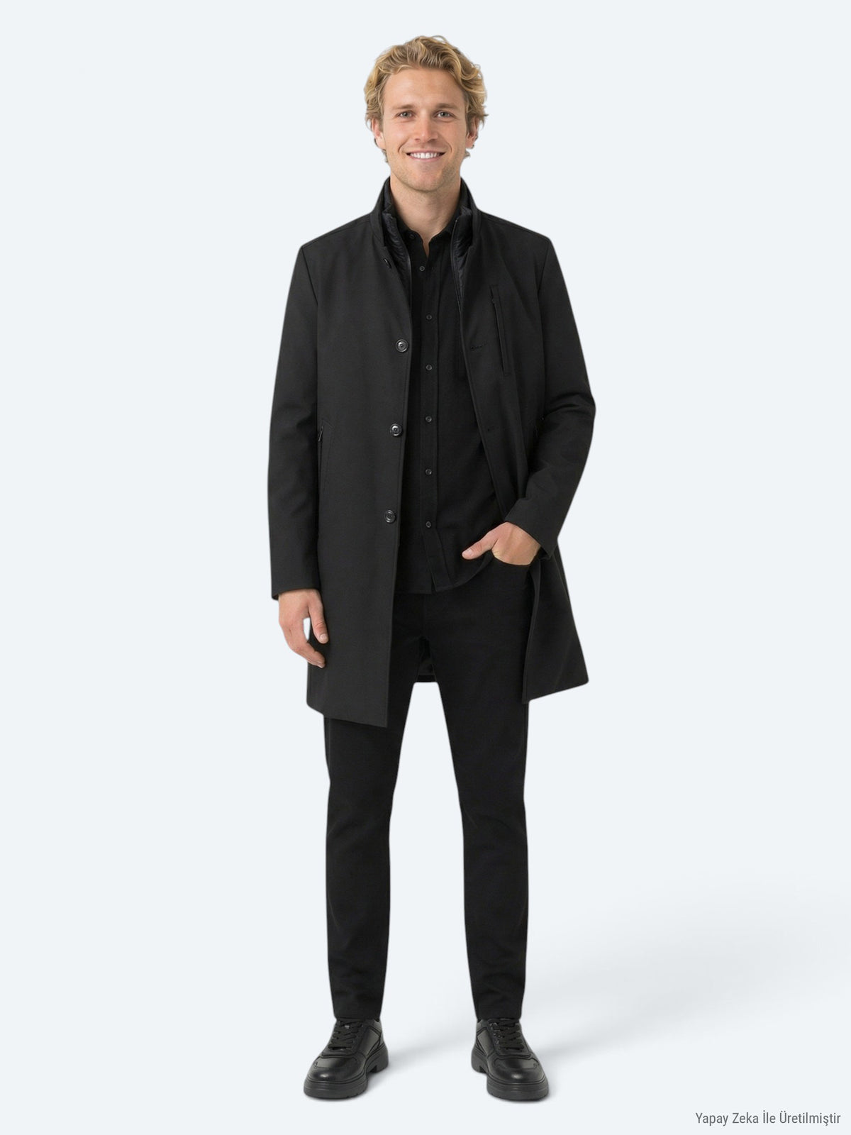 Siyah Regular Fit Kruvaze Yaka Casual Dokuma Pardösü
