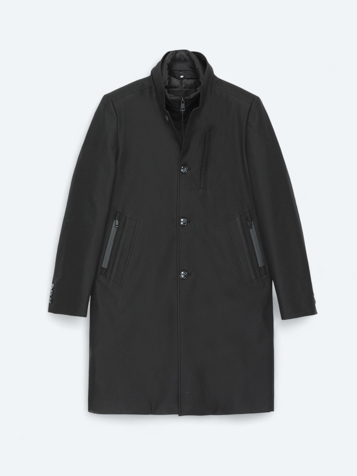 Siyah Regular Fit Kruvaze Yaka Casual Dokuma Pardösü