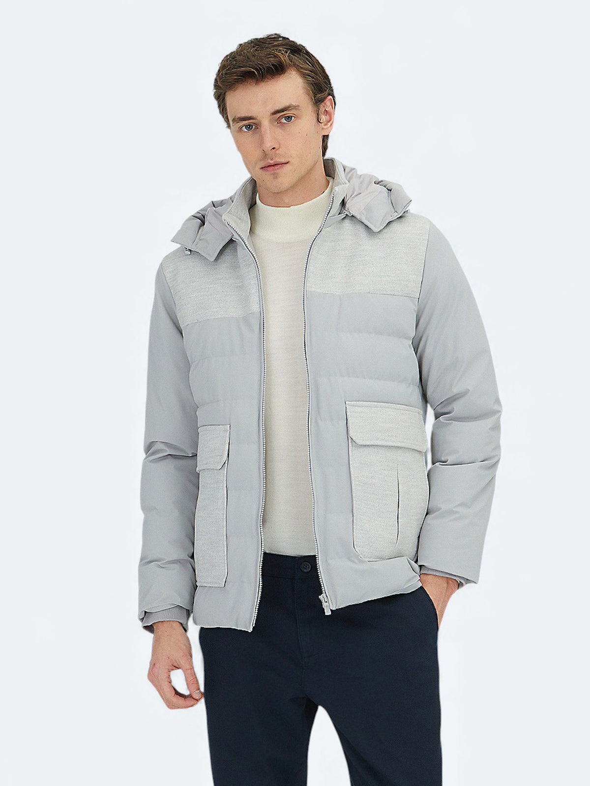 Açık Gri Regular Fit Dik Yaka Casual Dokuma Mont