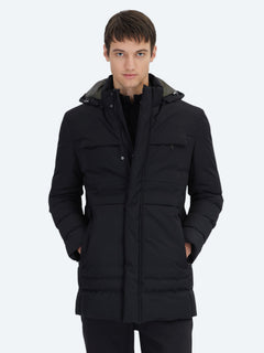 Siyah Regular Fit Kapüşonlu Casual Dokuma Kaban