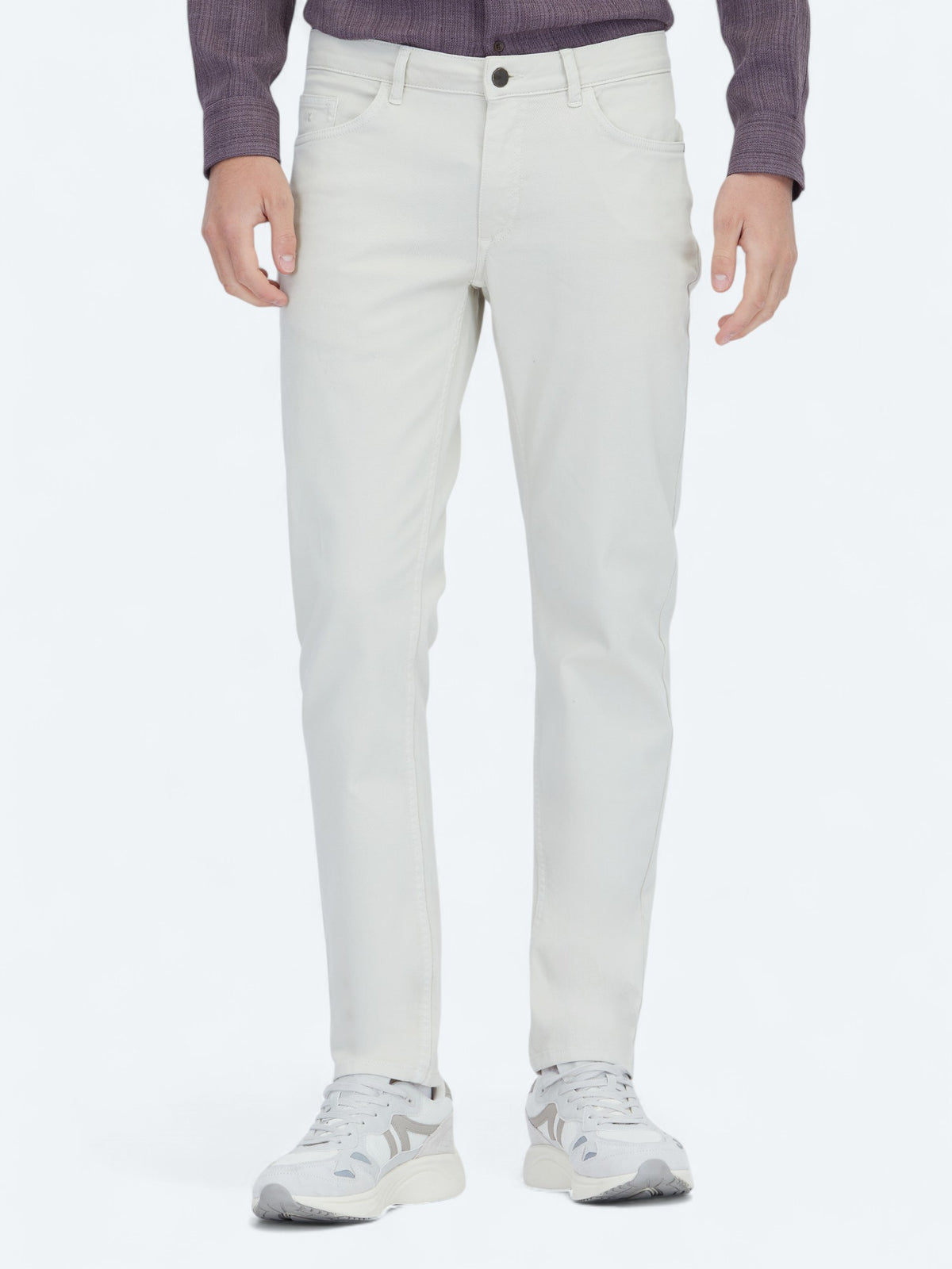 Ekru Düz Dokuma Slim Fit Casual Pamuk Karışımlı Pantolon