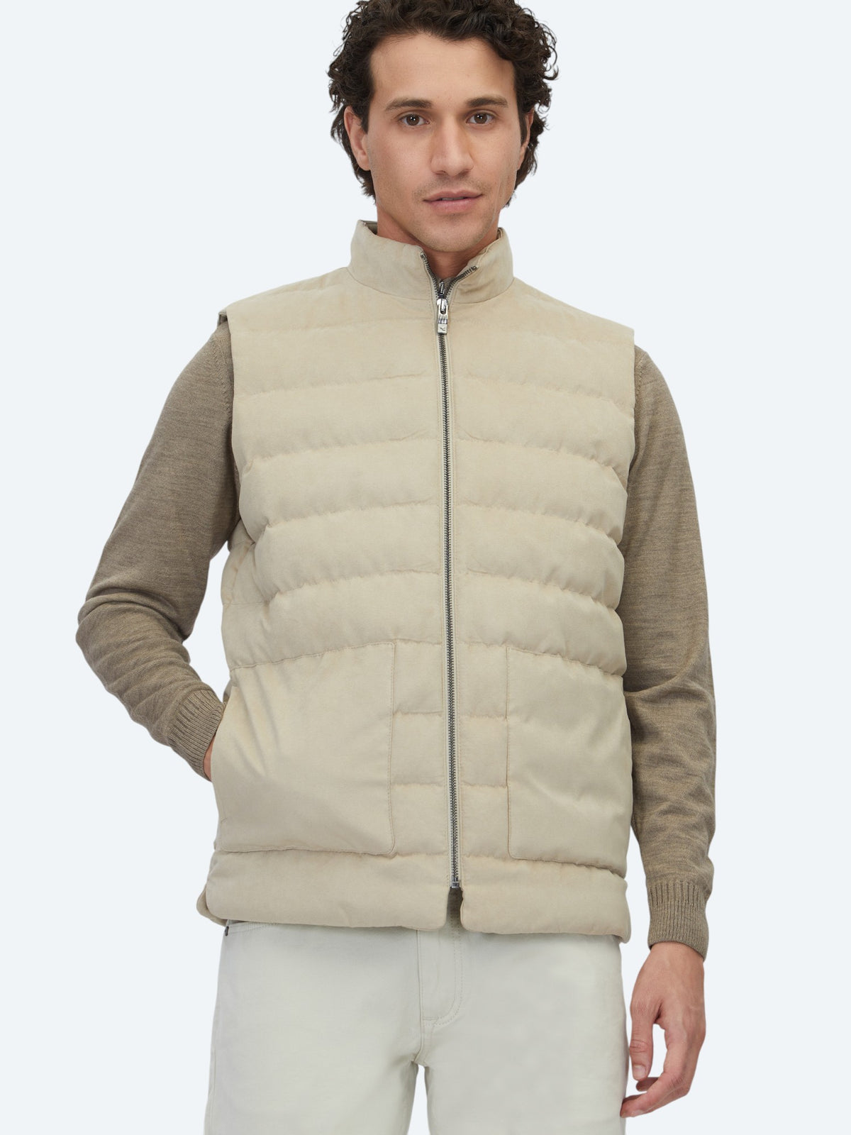 Bej Regular Fit Dik Yaka Casual Dokuma Spor Yelek