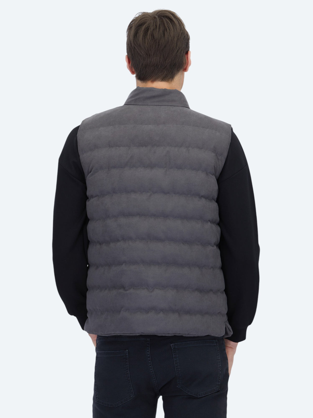 Gri Regular Fit Dik Yaka Casual Dokuma Spor Yelek