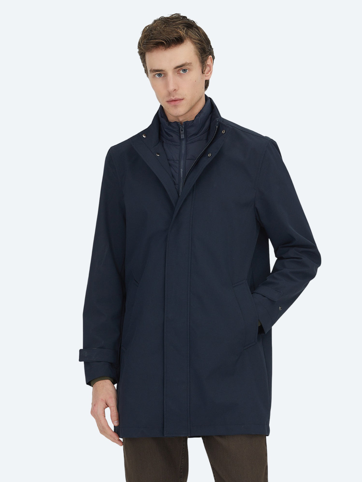 Lacivert Oversize Fit Kruvaze Yaka Casual Dokuma Pardösü