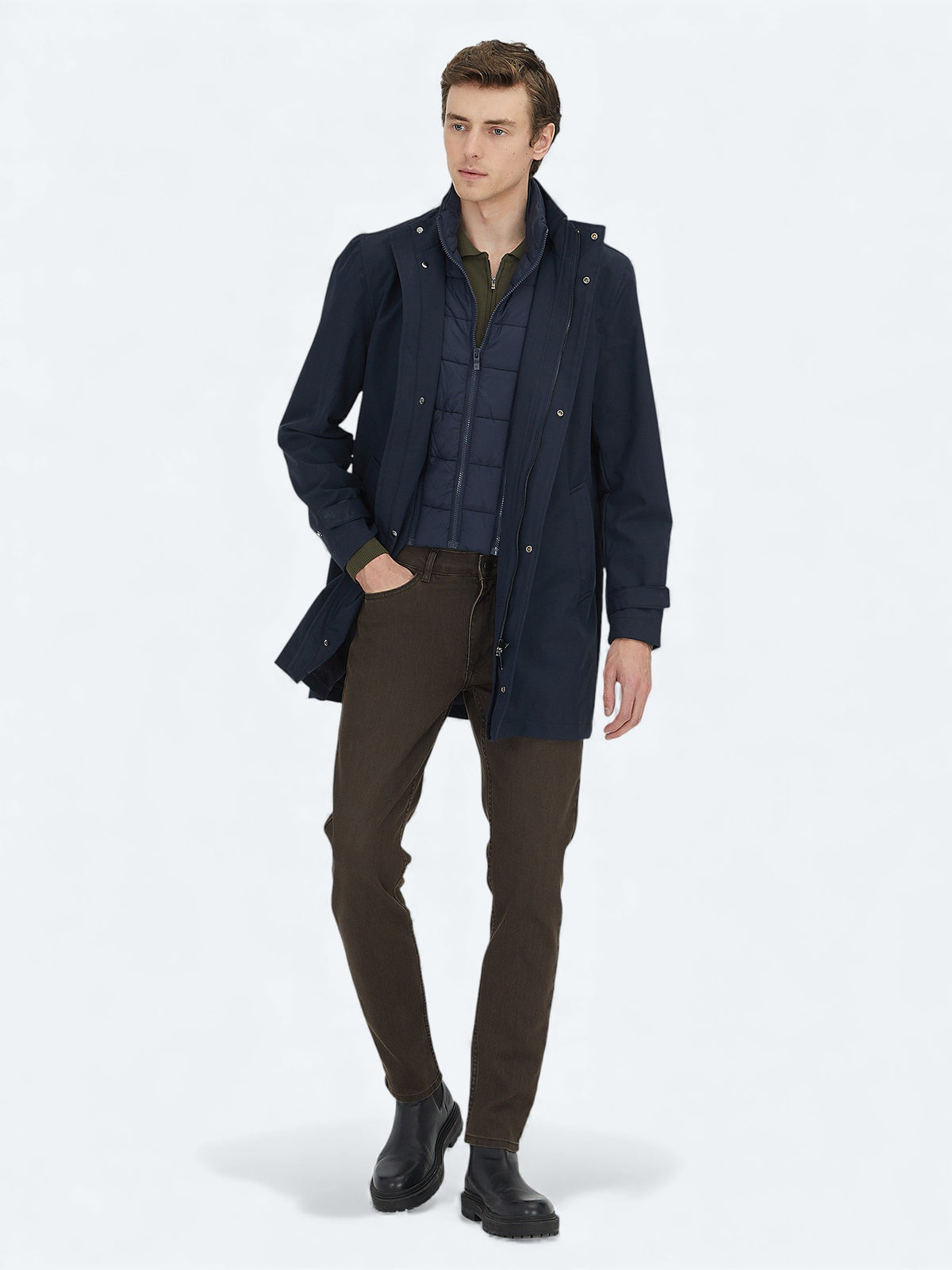 Lacivert Oversize Fit Kruvaze Yaka Casual Dokuma Pardösü