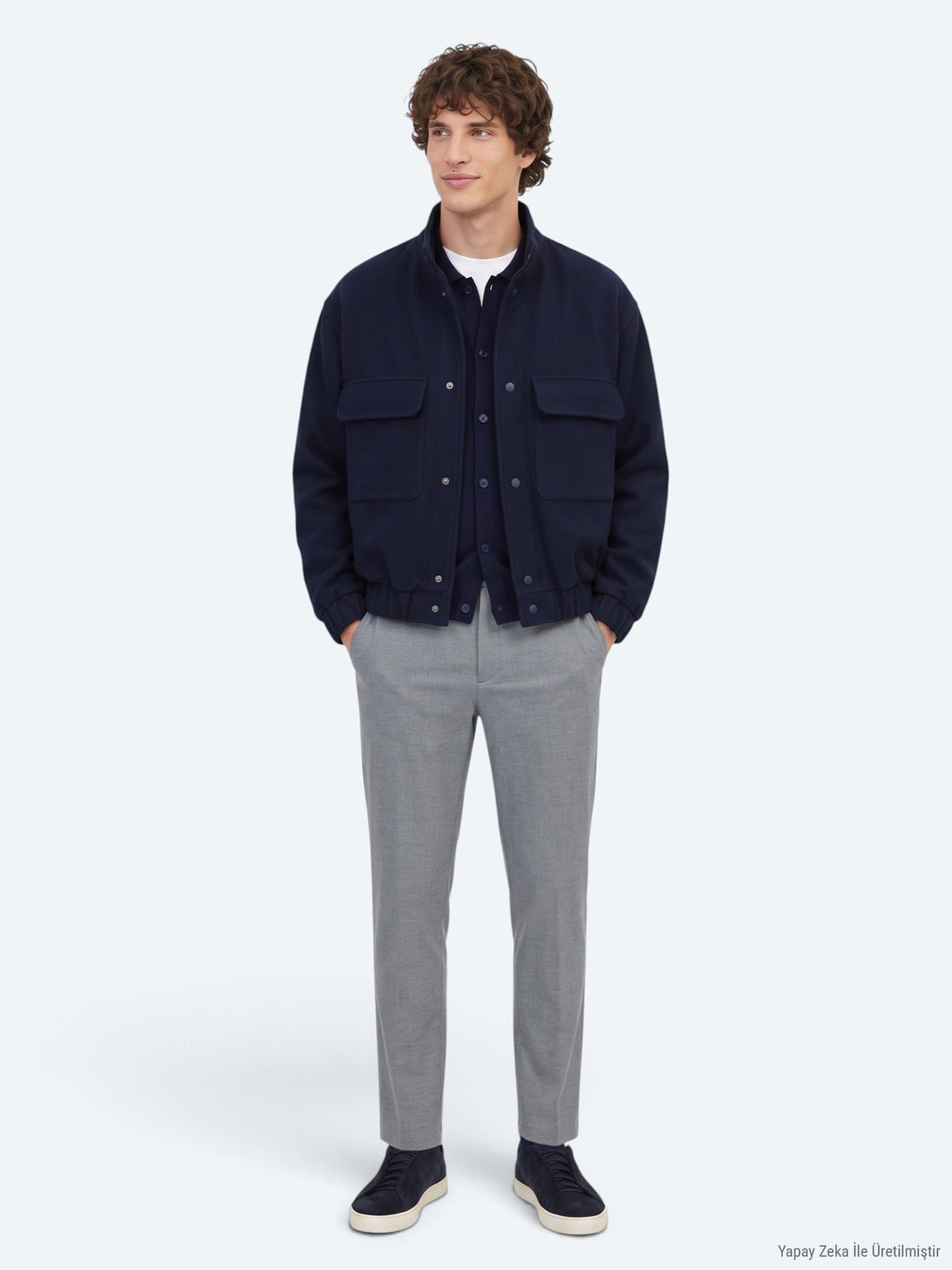 Lacivert Comfort Fit Dik Yaka Dokuma Mont