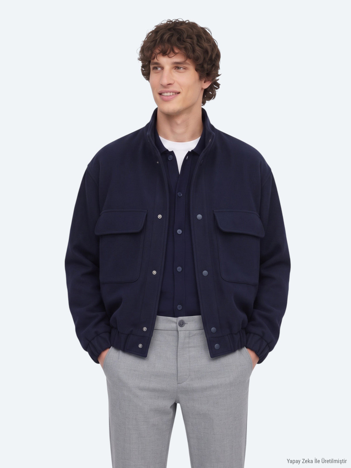 Lacivert Comfort Fit Dik Yaka Dokuma Mont