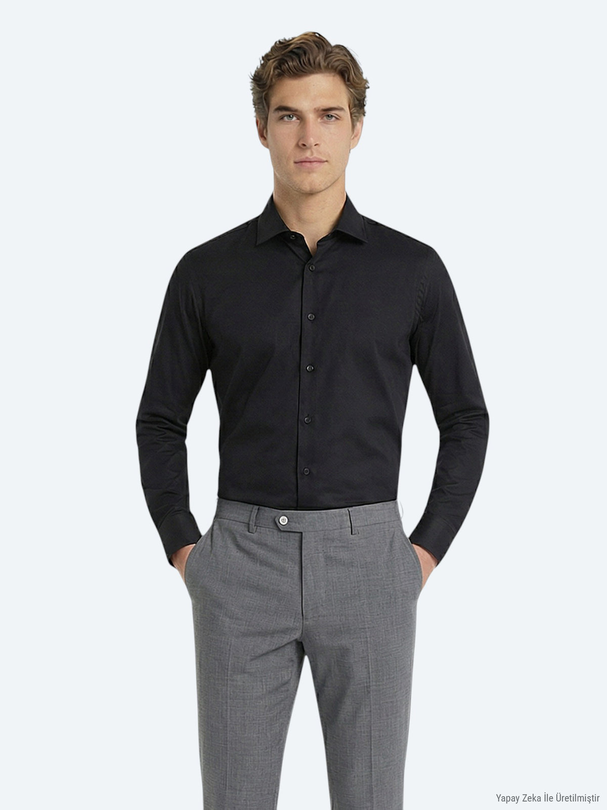 Siyah Düz Slim Fit Uzun Dokuma Klasik %100 Pamuk Gömlek